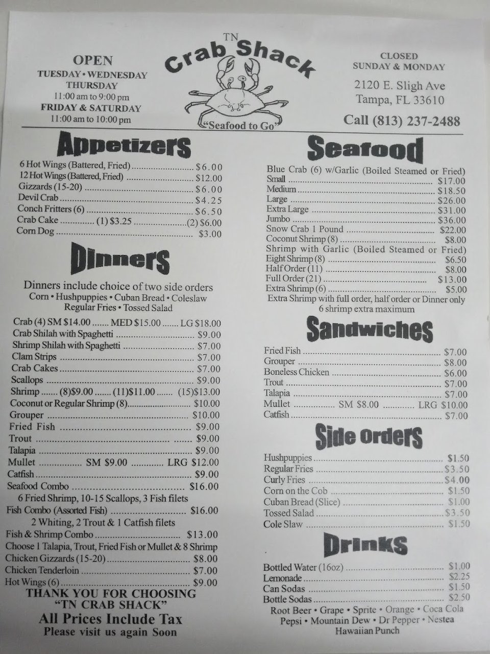 Printed menu with dinners, sandwiches, and side orders.