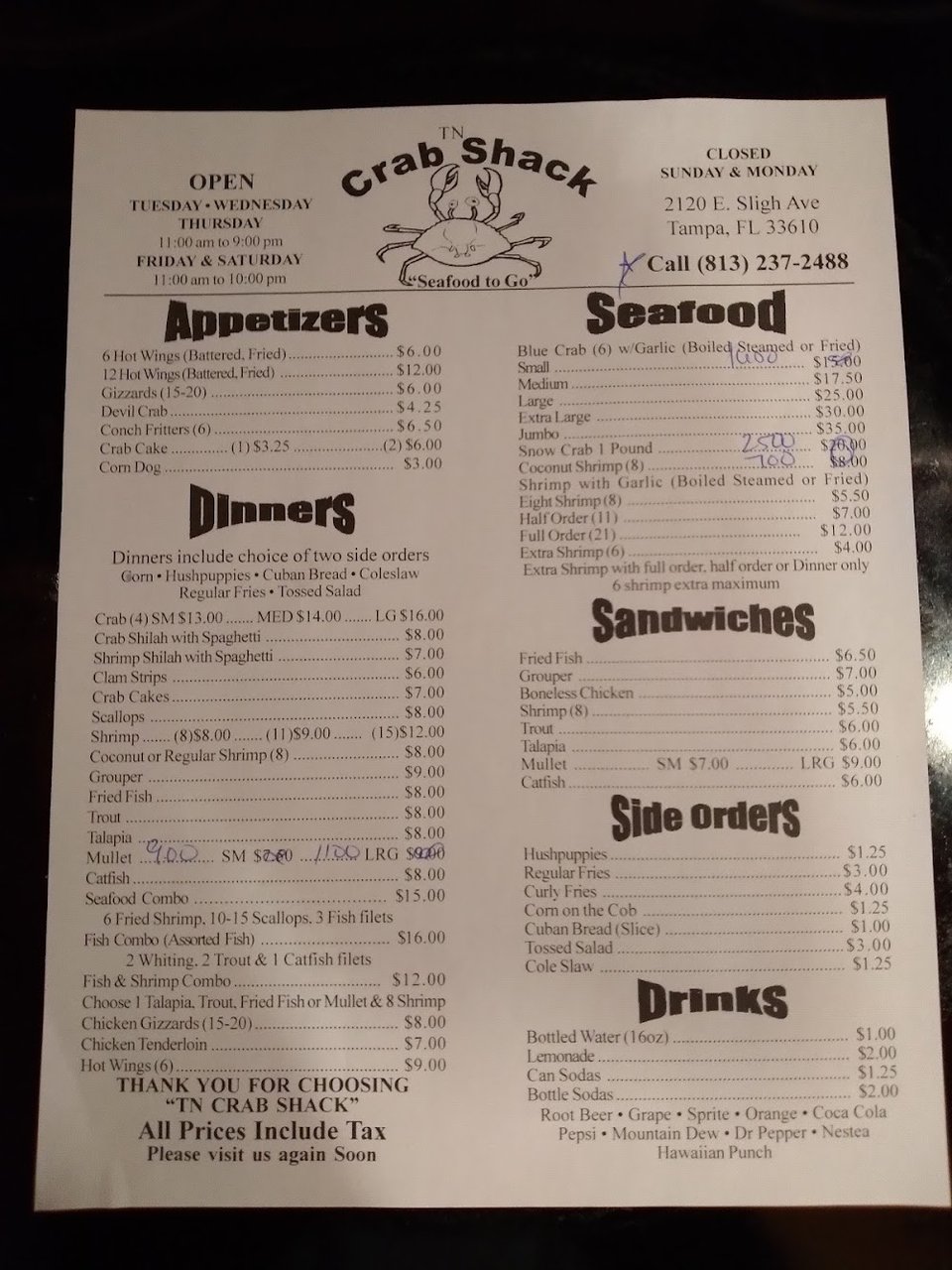 Takeout menu listing fried seafood and comfort food.